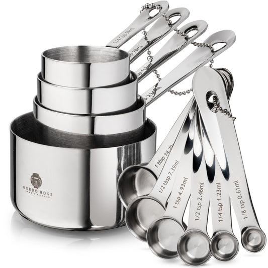 Free Shipping - Gordo Boss Measuring Cups and Spoons Set 10-Pieces. Heavy-Duty 18/8 Stainless Steel - Non-Toxic, Non-Rust, Professional Polished Set